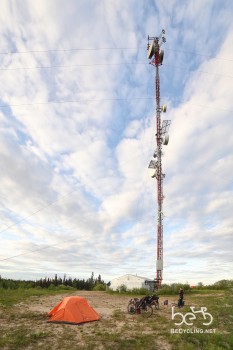 Ending the day by a huge antenna along the Alaska Highway