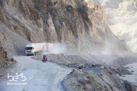 On the tajik side there are many big trucks